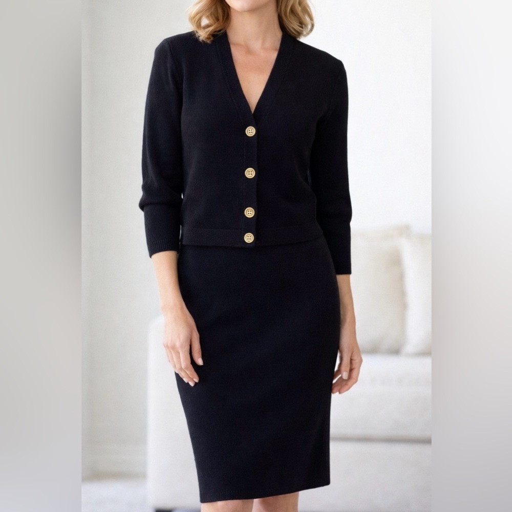 St John Basics black knit cardigan & skirt set size Medium